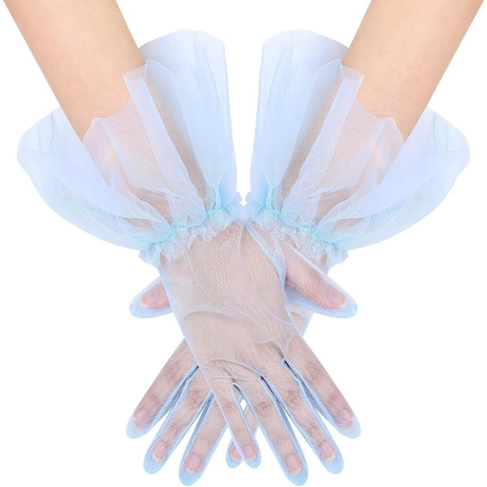Women's Short Sky Blue Tulle Mesh Puffy Ruffle Gloves Wedding Party Prom Costume